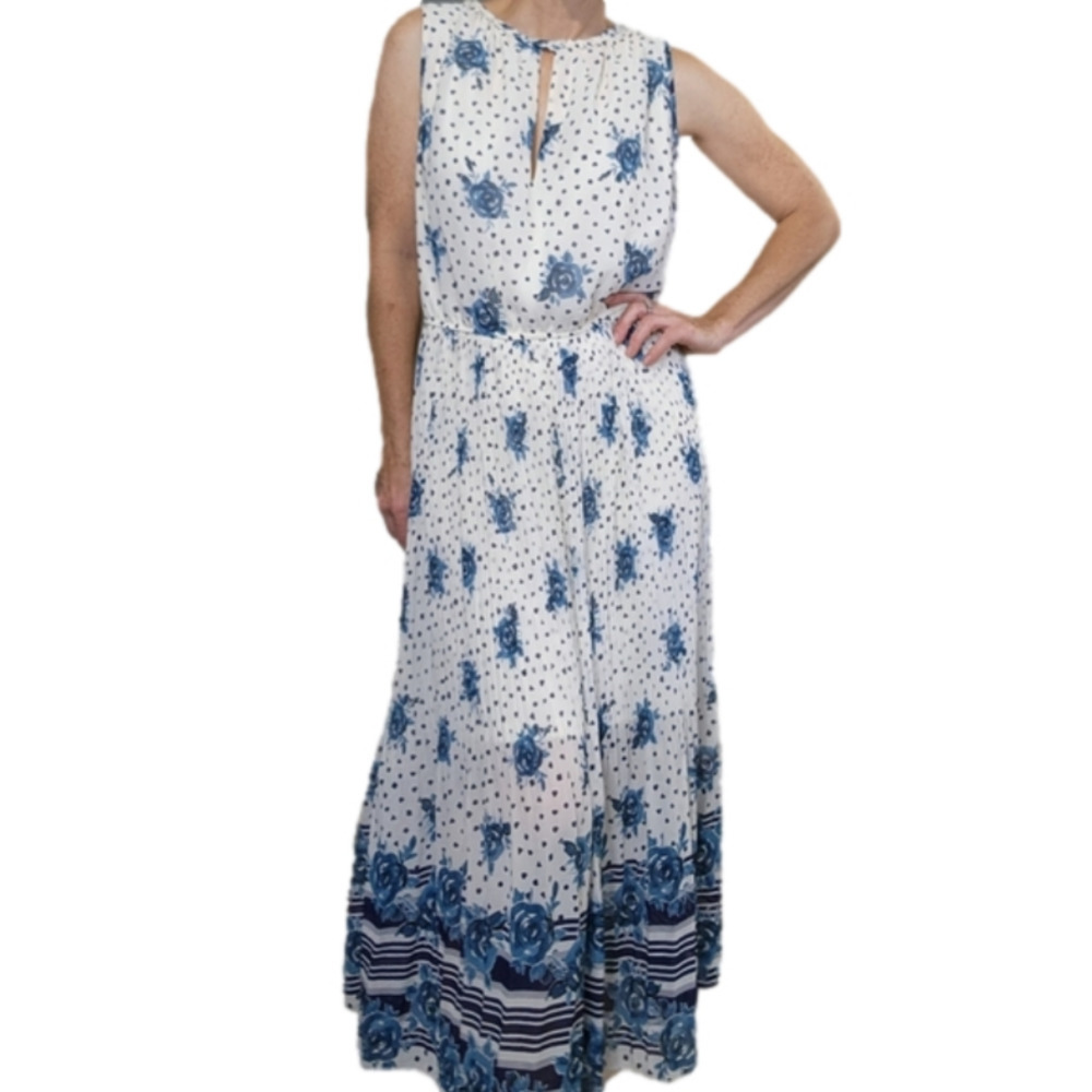 #119 Size XXL Midi dress floral pleated sleeveless cream teal black MAISON JULES